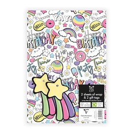 Eurowrap Girls Happy Birthday Print Gift Wrap Paper Birthday Girl Gift Wrap Occassions 2 Sheets & 2 Gift Tags 50cm x 70cm