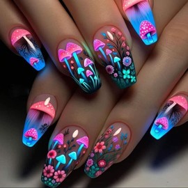 Mushroom Press on Nails Medium Coffin Fake Nails Fantasy Mushrooms Floral Design False Nails Colorful Gradient Stick on Nails Reusable Spring Summer Glue on Nails for Women Nail Art Decoration