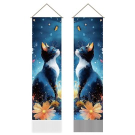 AHANDMAKER 2Pcs Artistic Cat Tapestry, Whimsical Cat Theme Illustrated Tapestry Hanging for Coffee Bookshop Bedroom Living Room Nursery Home Décor(45.7x13 Inch)