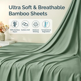 GOKOTTA Full Size Bed Sheets 4 Piece Set, 100% Rayon Derived from Bamboo, Cooling for Hot Sleepers-Luxury Breathable Soft Sheets, Deep Pocket 15" Fitted Sheet with Elastic Corner Straps, Green