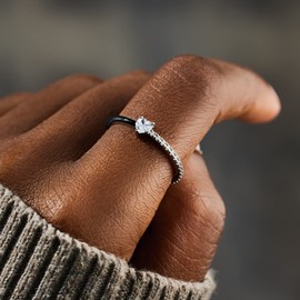 STORYJEWELLERY Promise Rings for Her, Dainty 925 Sterling Silver Love Ring, Purity Ring, Black Enamel Heart Rings for Women, Inspirational Gifts for Women, Size 11