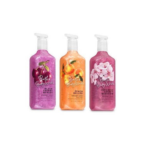 Bath and Body Works 3 Pack Creamy Luxe Hand Soap. 8 Oz. Black Cherry Merlot, Peach Bellini and Japanese Cherry Blossom.
