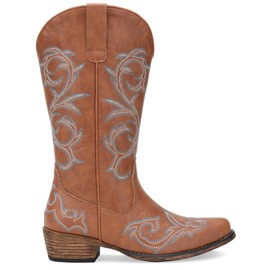 Jeossy Brown Cowboy Boots for Women Wide Calf, Mid Calf Cowgirl Boots with Low Heel, 9808 Size 9.5 US, Western Shoes Side Zipper (DJY9808 Brown 09.5)