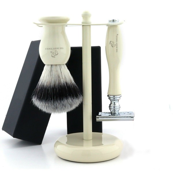The Body Tools Men's Wet Shaving Set with DE Safety Razor, Synthetic Hair Shaving Brush and Razor Stand