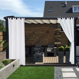 LORDTEX Waterproof Indoor/Outdoor Curtains for Patio - Thermal Insulated, Sun Blocking Detachable Sticky Tab Top Blackout Curtains for Bedroom, Porch, Pergola, Cabana, 52 x 84 inch, 2 Panels, White