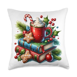 Christmas Books Hot Cocoa Gingerbread Cozy Winter Scene Throw Pillow