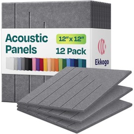 Ekkogo Acoustic Panels 12-Pack Soundproof Wall Panels 12"x12"x0.4" Decorative Sound Dampening for your Home, Office, Studio, Bedroom & More with Unique LineWave Carving [Pebble Gray]