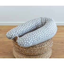 LOOLAY Pregnancy Pillow, Nursing Pillow, 190 cm, Side Sleeper Pillow, 100% Cotton, with Removable Minky Cover, Ergonomic Pregnant Pillow for Sleeping (Heart Grey/Minky Grey)