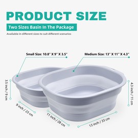 Bellglee 2 Pack Collapsible Wash Basin Set, Foldable Dish Tub, Small Medium Portable Sink for Kitchen, Camping, RV, Baby Bottles, Laundry, Plastic Washbasin -Gray