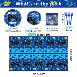 81 Pcs Video Game Party Supplies - 7th Birthday Video Game Party Decor Dinner Plates Napkins Video Game Tablecloth Forks Gaming Party Pack for Boy 7th Birthday Party, Serves 20