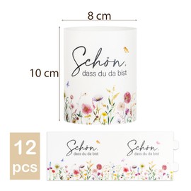 BETESSIN 12 x Tea Light Holder Table Decoration Wedding – Schön DASS du da bist – Light Cover with Flower Motif – Lantern Table Decoration for Birthday, Wedding, Christening, Baby Shower, Spring