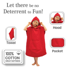 Allen & Mate Kids Swim Changing Robe - Quick Dry 100% Terry Cotton Beach Poncho Towel with Hood & Pocket for Boys & Girls (6-9 Years, Red)