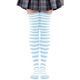 NOPNOP Striped Knee High Socks, 47 Patterns Available, Striped Over Knee Socks, Thigh High Tights, White x Light Blue 17/Thin Border, Free size