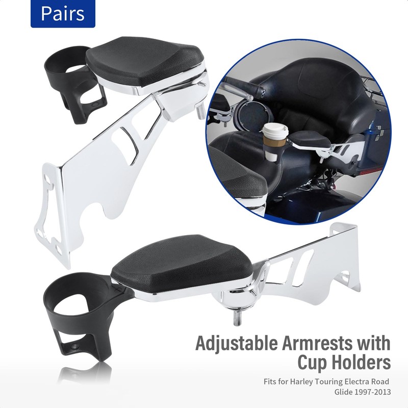 Passenger Armrests, with Cup Holders Adjustable Armrest for Harley Touring