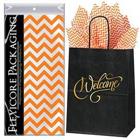 Flexicore Packaging Black Kraft Paper Welcome Bags & Orange Gift Wrap Tissue Paper | Size: 8 Inch X 4.75 Inch X 10.5 Inch | Count: 50 Bags | Color: Orange Chevron