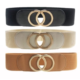 Swtddy 3 Pack Womens Vintage Wide Elastic Stretch Waist Belt For Dresses (Golden O Design Black+Beige+Camel, Suit For Waist Size 36"-45")