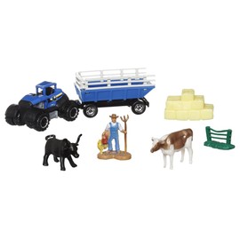 Matchbox Collectors 70th Anniversary Diecast Tow Bar and Tow Playset - MBX Farm Trailer ~ Blue Dirtstroyer Tractor and Farm Trailer with Accessories and Figures ~ HLM25 6/9