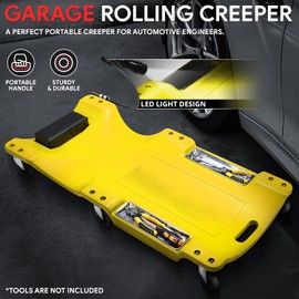 DNA MOTORING 40 Inch Low Profile Plastic Rolling Garage Shop Floor Creeper with LED Light, Padded Headrest, Dual Tool Trays, Casters, Yellow, TOOLS-00389-YL