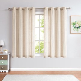 TOPICK Linen Curtains for Living Room 63 inches Long Taupe Striped Drop Light Filtering Eyelet Curtains for Bedroom Window Decoration 2 Panels