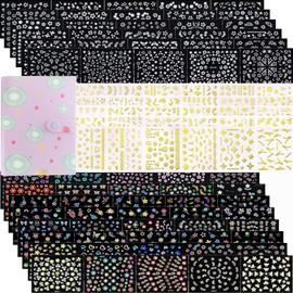 90 Sheets 3D Nail Art Stickers&Nail Decals Storage Book Set, 5D Self-Adhesive Floral Summer Nail Stickers with Rhinestones Nail Designs, Gold Nail Art Decals for Women Girls DIY Manicure Decoration
