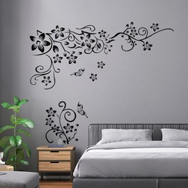 Set of 2 Black Wall Stickers, Ornaments Set for Wall Decoration, Flowers, Vine, Butterflies, Plants, Vine, Wall Sticker, Wall Stickers for Living Room, Bedroom, Hallway, Window
