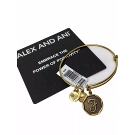 Alex and Ani Initial F Wire Rafaelian Gold Charm Bangle Bracelet With Tags