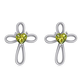 VONALA Peridot Cross Earrings 925 Sterling Silver August Birthstone Cross Stud Earrings Religious Christian Baptism Jewelry First Communion Day Birthday Gifts for Women