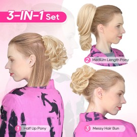 REECHO Ponytail Extension, Messy Bun Hair Pieces 3-in-1 Claw Clip in Ponytail Hair Extensions Short Natural Wavy Hair Bun Hairpieces for Women with Short Thin Hair - Golden Blonde with Highlights