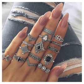Yheakne Boho Vintage Rings Set Silver Moonstone Knuckle Rings Stackable Rhinestone Midi Finger Rings Fashion Hand Rings for Women and Girls (Pattern 2)