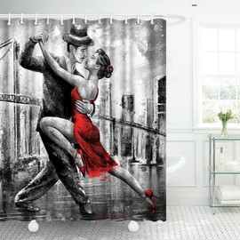 Conipit Grey Red Shower Curtain Dancing Couple Bathroom Curtains Romantic Bathroom Curtain Waterproof Polyester Fabric 72"X72" with Hooks