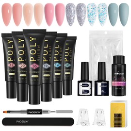 Phoenixy 6 Farben Poly Nagelgel Set 15 ML Nagelverlängerung Gel Blau, Silber Glitter, Rosa, Nude mit Basis und Top Coat 30 ML Slip Solution 60 Pcs Falsche Nägel Poligel Starter Kit
