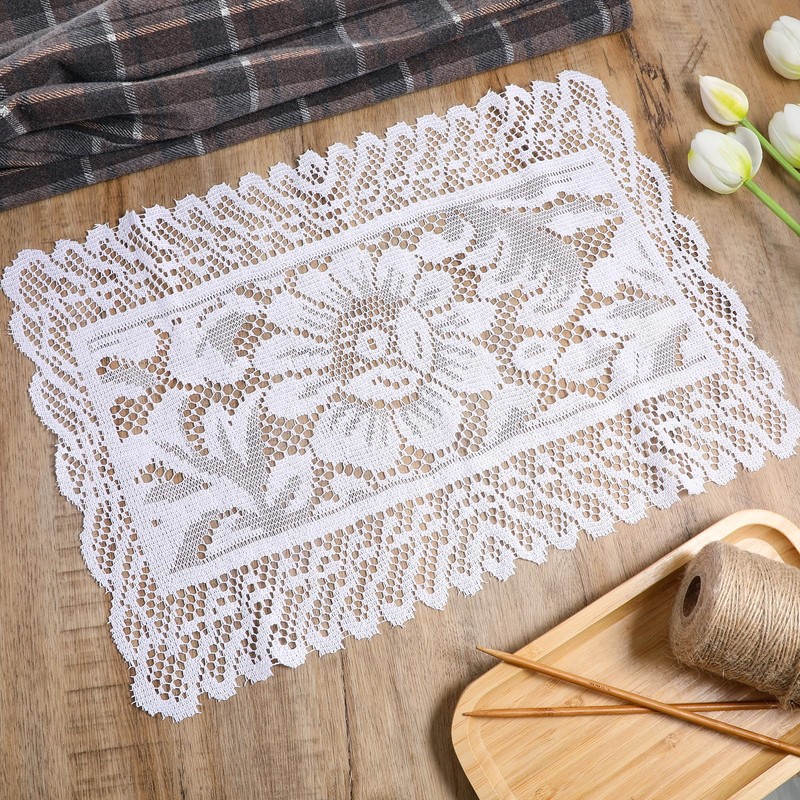 White Lace Table Runner, 2 Pcs 18.1x12.6in /46cmx32cm Washable Rectangle