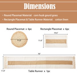 Denique Boho Placemats Set of 13 PCS - Handmade Grass Woven Meal Mats and Natural Cotton Linen Burlap, with 1 Macrame Burlap Table Runner 12x70inch, Table Mats Set for Dining Table Kitchen