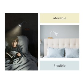 Solfres Patented Innovative Design Headboard Reading Light. No Drilling Golden Book Light for Bedtime Reading. Dimmable LED Book Reading Lamp with Bulb. Movable & Flexible, White