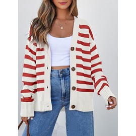 EVALESS Womens Striped Christmas Cardigan Sweaters Fashion 2024 Fall Winter Long Sleeve V Neck Lightweight Cardigans Open Front Button Down Knit Sweater Tops Red Stripe X-Small