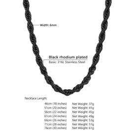 Supcare Twist Rope Chain for Man Black, 6mm Rope Necklace Stainless Steel Chains 28inches, Hypoallergenic Jewelry