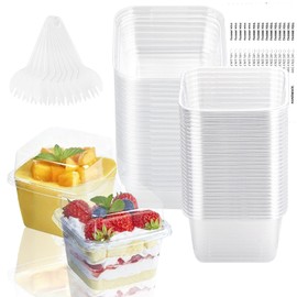 wonkeken 55Pcs Reusable Square Dessert Cups Set, 8.5oz Clear Plastic Cups with Lids & Spoons for Parfaits,Puddings, Party Favors, BPA-Free Dessert Bowls for Weddings, Birthdays, Catering