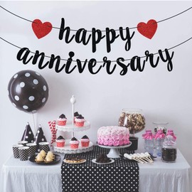 Happy Anniversary Banner, Anniversary Party Decorations, We Still Do, Happy Wedding Day Party Decoration Supplies Black Red Glitter