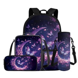 YECARYPOD Butterfly Moon Backpack for Elementary School Girls Purple Middle School Book Bag for Teen Girls Lightweight Schoolbag Set with Pencil Bag Picnic Lunch Box Water Holder Case