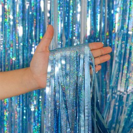4 Pack Foil Fringe Curtains, Laser Tinsel Streamers Birthday Party Decorations Sparkle Metallic Photo Booth Props for Birthday Wedding Engagement Bachelorette Christmas (1x2.5m, Light Blue)