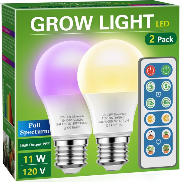 Briignite Grow Light Bulbs, 4 Full Spectrum Growth Modes, 3/9/12/18H Timing, A19 Dimmable Plant Light Bulb E26 Base, 11W Grow Bulb 100W Equivalent, Grow Light for Indoor Plants, Seed Starting, 2Pack