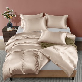 Horbaunal 5 Pieces Satin Duvet Cover Set Queen/Full Size Khaki Duvet Cover with Corner Ties & Zipper Closure, Luxury & Silky Bedding Set, 1 Duvet Cover and 4 Pillowcases (No Comforter)