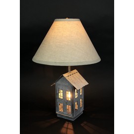 Rustic Galvanized Grey House-Shaped Double Light Table Lamp and Accent Light - Beige Fabric Shade - Mid Century Modern Farmhouse Decor - 22 Inches High