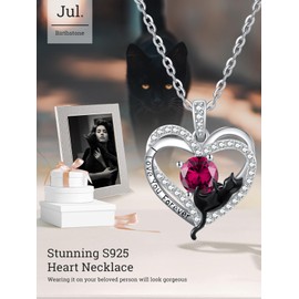 Zeuslia Heart Black Cat Birthstone Necklaces for Women Sterling Silver Black Cat Heart Pendant Love Forever Cute Animal Jewellery Gifts for Women, Sterling Silver, Ruby