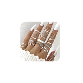 Hanfluenve 22Psc Gold Knuckle Rings Set for Women Adjustable Stackable Rings Vintage Non Tarnish Gold Rings Simple Twist Hollow Pack Jewelry Gift (Silver)