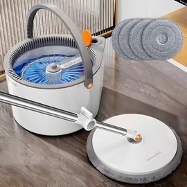 JOYBOS 360° Spin Mop and Bucket Set with Self Separation Dirty, Includes Round Spin Mop, Clean and Dirty Water Separation System and 4 Thick Machine Washable Mop Pads