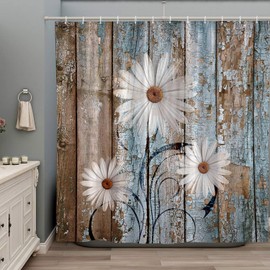 ZZYSKS Rustic Floral Shower Curtain White Daisy Flower Blue Brown Vintage Barn Wooden Plank Country Farmhouse Bathroom Decor Set Polyester Fabric with Hooks 70Wx70H Inch