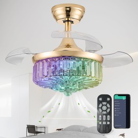 Zynfandor 30" Retractable Crystal Ceiling Fan with Light, RGB Modern Fandelier 6 Speeds Reversible Blades Dimmable Chandelier Ceiling Fan with Remote App Control Memory Timer Gold