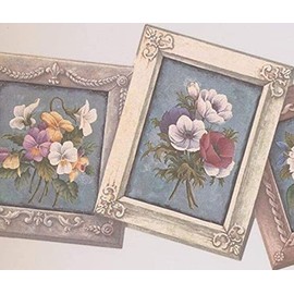 CONCORD WALLCOVERINGS ™ Wallpaper Border Vintage Floral Pattern Framed Flowers Leaves for Living Room, Cream Blue Green White Red Yellow Purple, 8.5 Inches by 15 Feet EDG5114