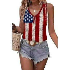 LYEIAO American Flag Ribbed Tank Women 4th of July Patriotic V Neck Button Basic Henley Shirts Sleeveless Tank Top(Red3,XL)